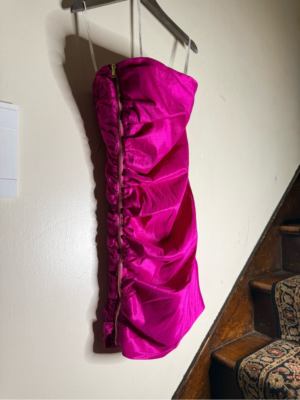 Calvin Klein Fuchsia Strapless Ruched Satin Mini Dress
